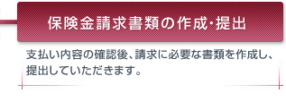保険金請求書類の作成・提出 支払い内容の確認後、請求に必要な書類を作成し、提出していただきます。