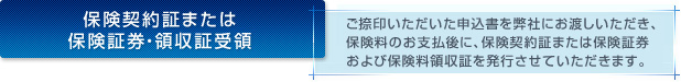 ：保険契約証または保険証券・領収証受領：ご記入いただいた申込書をお渡しいただき、保険料のお支払後に、保険契約証または保険証券および保険料領収証を発行させていただきます。